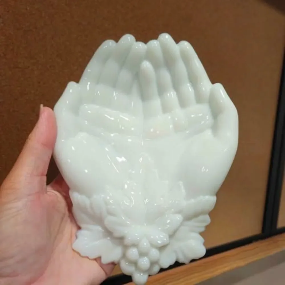 Milk Glass Cupped Hands Dish with Grape Design